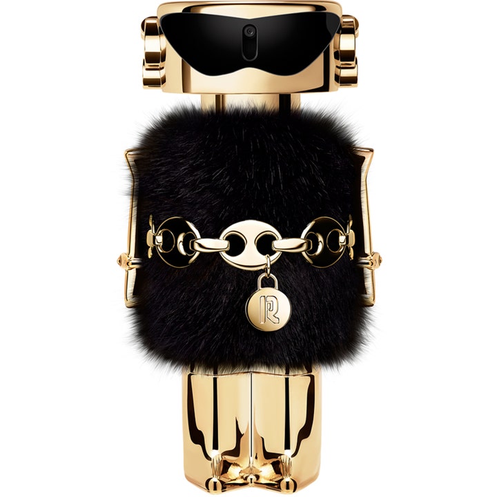 Rabanne Fame Collector 80 ml collector edition eau de parfum dam i guldfärgad robotflaska med svart päls och guldkedja