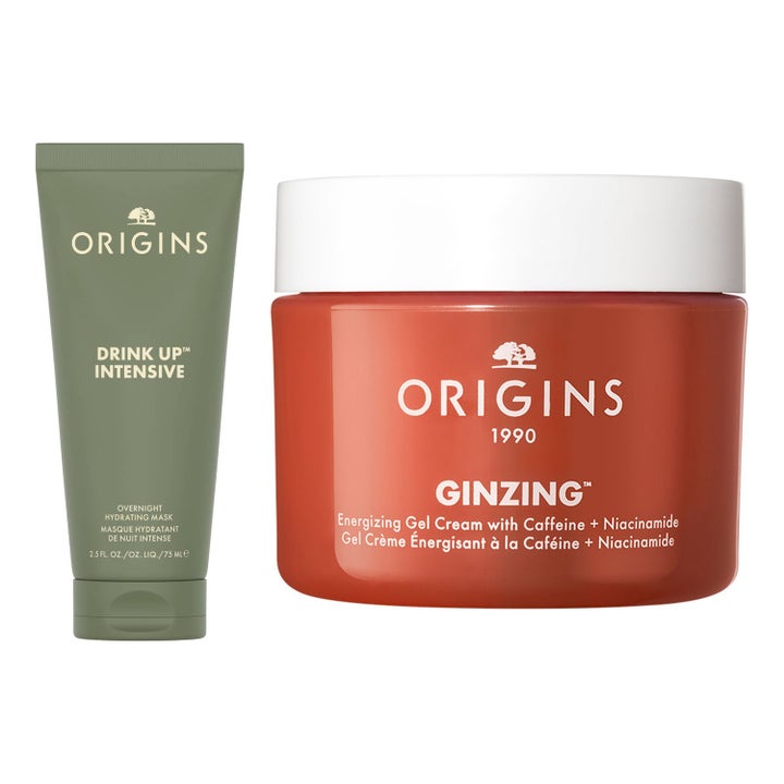 Origins Ginzing och Drink Up Intensive hudvårdsset med uppiggande gelkräm i orange burk och grön ansiktsmask i tub.