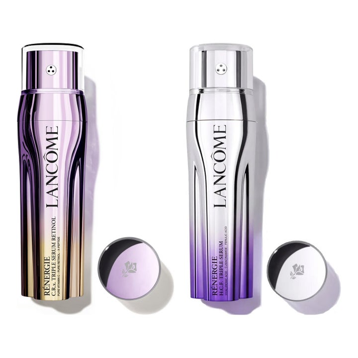 Lancôme Rénergie H.C.F. och C.R.X. Triple Serum ger lyster i eleganta silverfärgade och lila metalliska pumpflaskor.