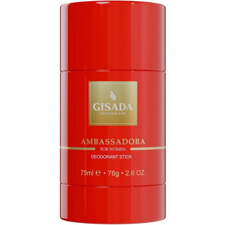 Gisada Ambassadora Deodorant Stick 75 ml damdeodorant i en röd glansig förpackning med gulddetaljer