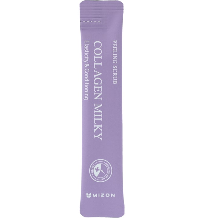 Mizon Collagen Milky Peeling Scrub 7 g exfolierande ansiktsskrubb för ökad spänst i en lila avlång sachet