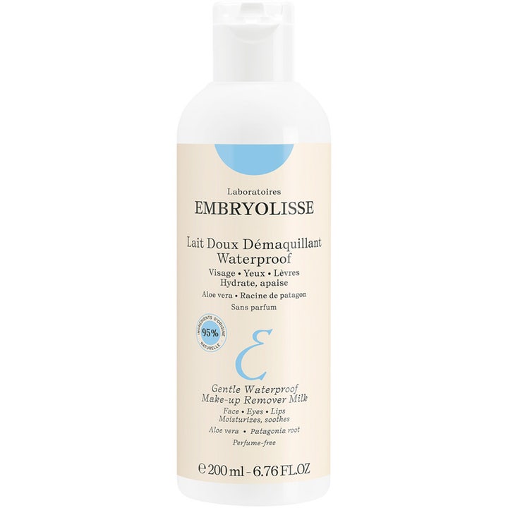 Embryolisse Lait Doux Démaquillant 200 ml 95% naturlig sminkborttagning med aloe vera i vit flaska med blå detaljer.