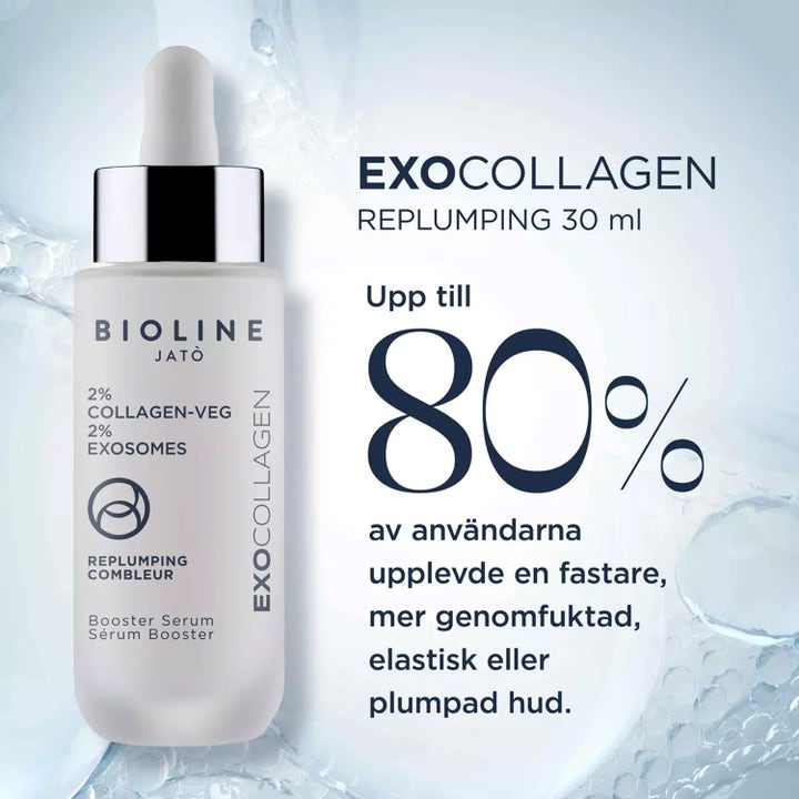 Bioline Jatò Exocollagen Booster Serum 30 ml för plumpad hud i frostat glas med text om 80 % nöjda användare
