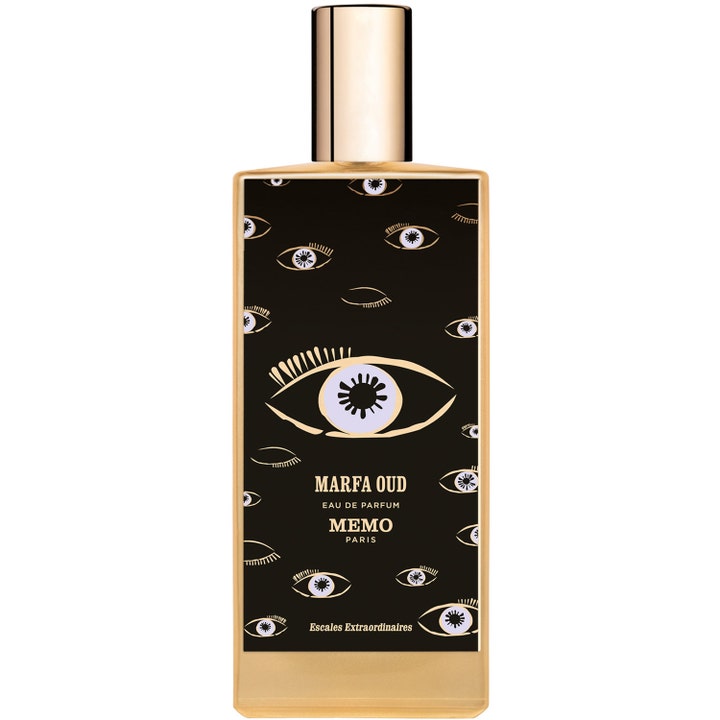 Memo Paris Marfa Oud Eau de Parfum 75 ml niche parfym i rektangulär guldflaska med dekorativa ögonmotiv och guldlock