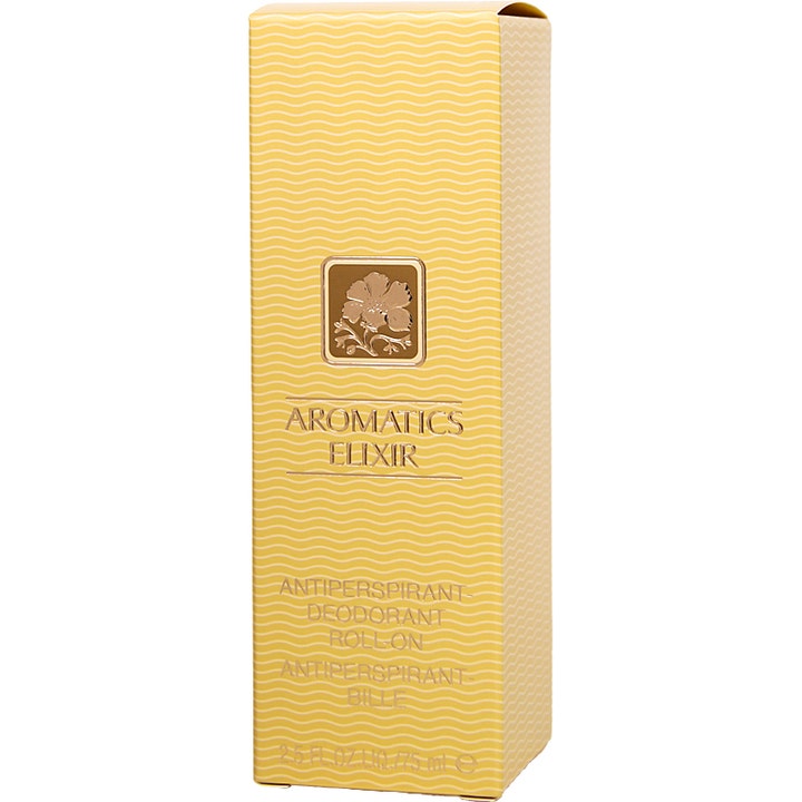 Clinique Aromatics Elixir Antiperspirant Deodorant 75 ml roll on damdeodorant i en gul vågmönstrad ytterkartong