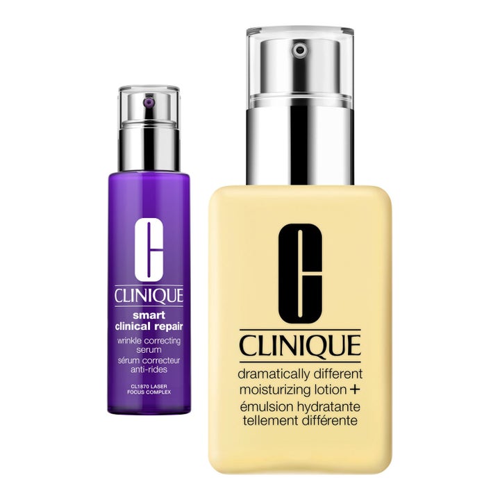 Clinique Serum Starters 175 ml hudvårdsset med lila smart clinical repair serum och gul fuktgivande lotion med silverpump