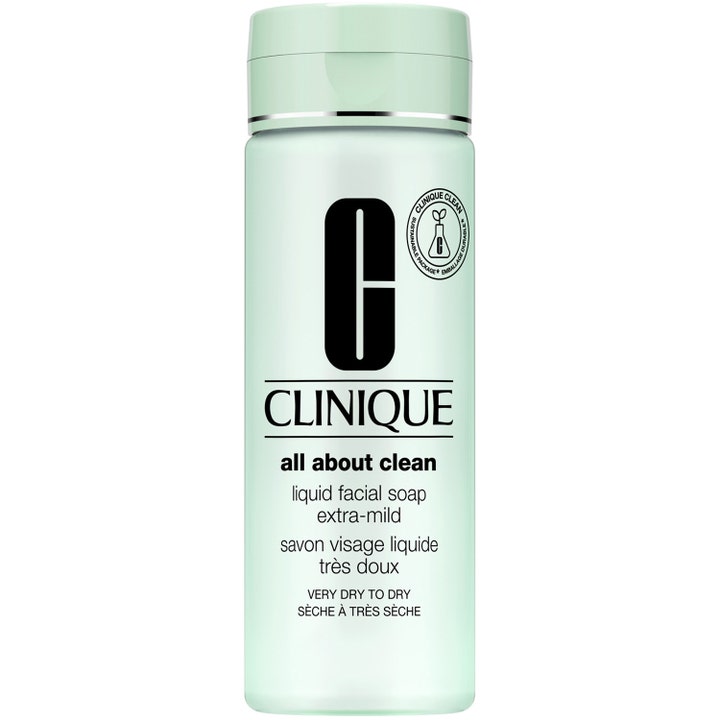 Clinique All About Clean Liquid Facial Soap Extra-Mild ansiktstvätt extra mild i ljusgrön flaska bevarar fuktbalans.