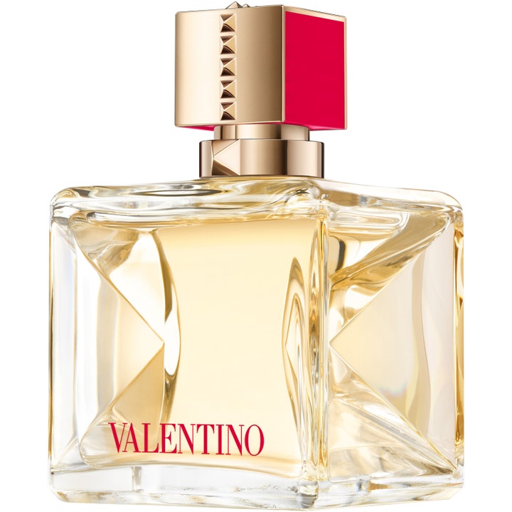 Valentino Voce Viva Eau de Parfum 100 ml parfym i fyrkantig glasflaska med guldgul vätska och guldkork med röda nitar