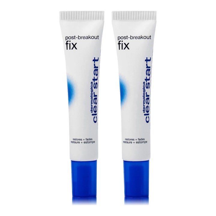 Dermalogica Clear Start Post-Breakout Fix 15 ml punktbehandling som bleker märken i två vita tuber med blå korkar