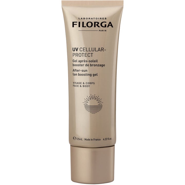 Filorga UV Cellular-Protect 125 ml after sun gel förlänger din solbränna i en beige tub med stilren svart text.