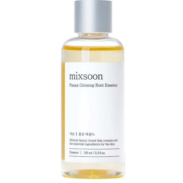 Mixsoon Panax Ginseng Root Essence 100 ml ginseng essence för kollagenboost i genomskinlig flaska med silverkork