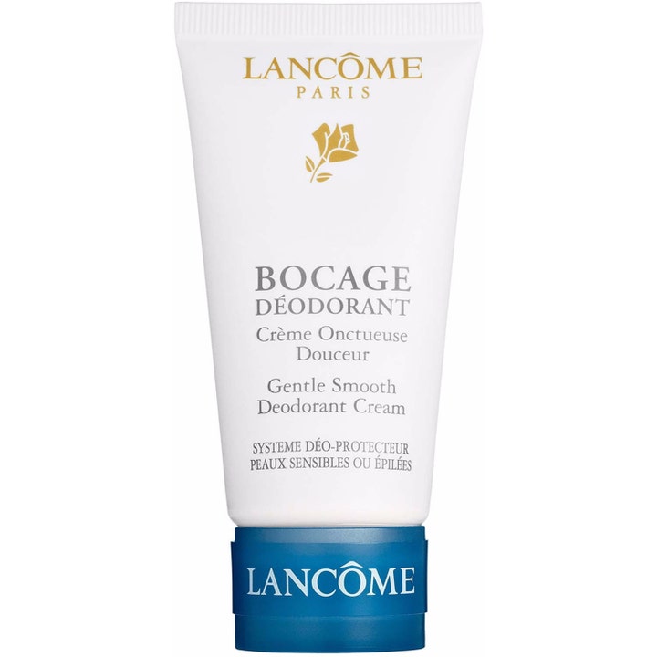 Lancôme Bocage 50ml deodorant kräm för känslig hudvård i en vit tub med guldlogotyp och blått lock.