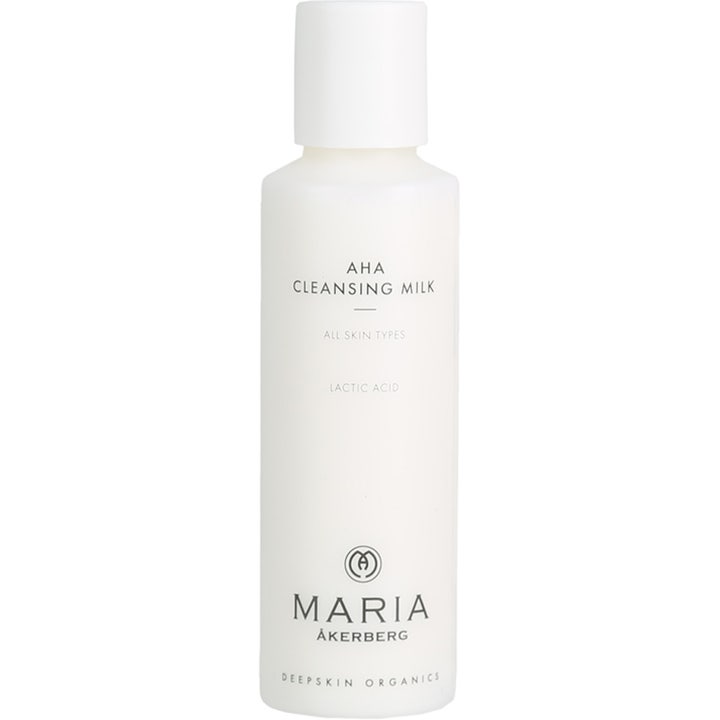 Maria Åkerberg AHA Cleansing Milk aha-rengöring med mjölksyra i vit plastflaska som ger skonsam exfoliering