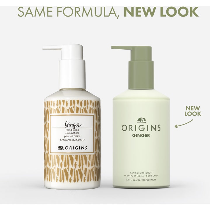 Origins Ginger Hand & Body Lotion 200 ml mjukgörande Origins lotion visar gammal och ny design med texten New Look.