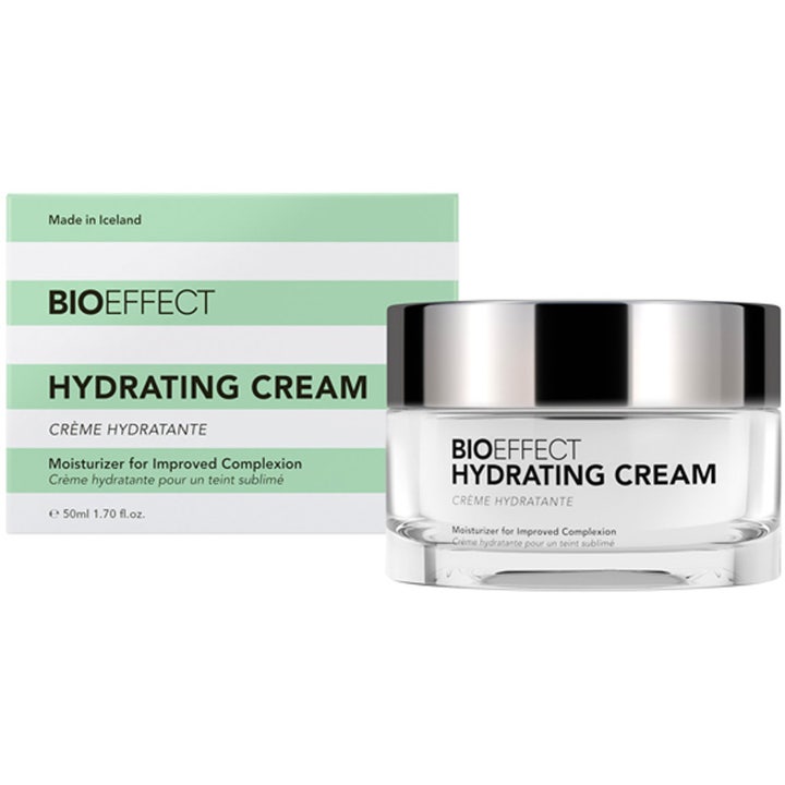 BIOEFFECT Hydrating Cream 50ml återfuktande ansiktskräm i klar glasburk med silverlock och grönvitrandig box