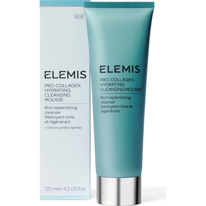 Elemis Pro-Collagen Hydrating Cleansing Mousse 125 ml återfuktande rengöring i turkos tub och vit ask.