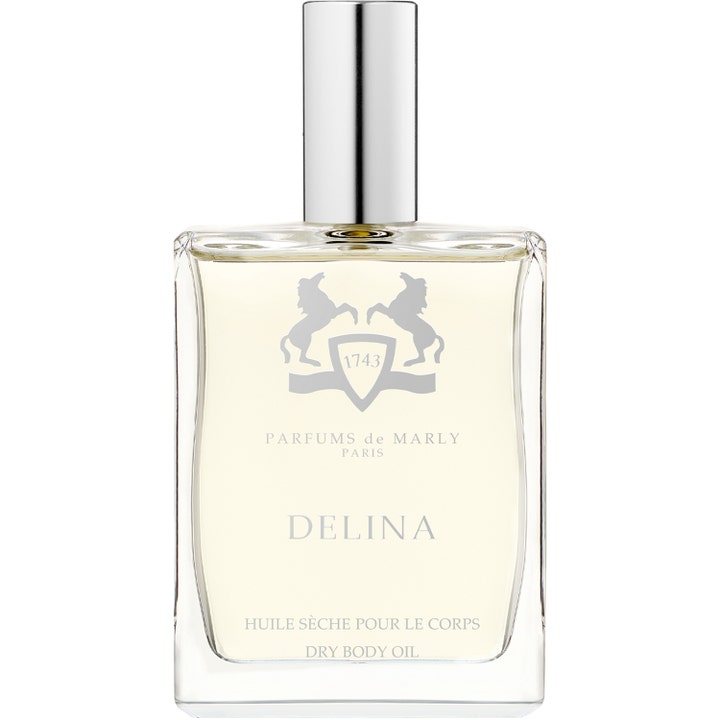 Parfums de Marly Delina absorberande kroppsolja för torr hud i en klar glasflaska med silverfärgad kork och logotyp