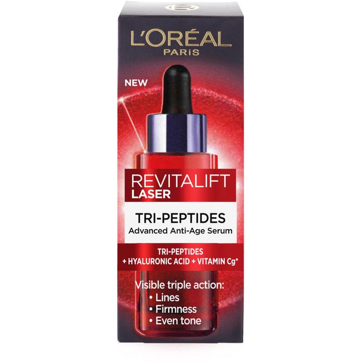 L'Oréal Paris Revitalift Laser Tri-Peptides 30 ml anti-rynk peptid serum i svart ytterförpackning med rött motiv.