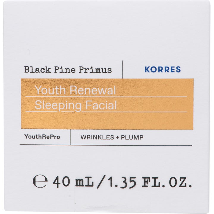 KORRES Black Pine Primus Youth Renewal Sleeping Facial 40 ml nattkräm i vit ytterförpackning med texten Wrinkles och Plump