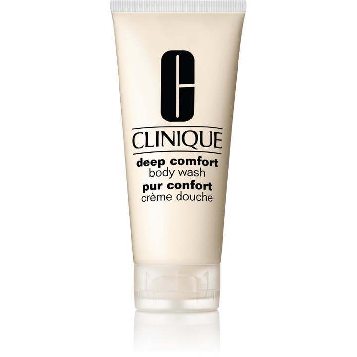 Clinique Deep Comfort Body Wash fuktbevarande duschtvål för torr hud i en mjukt beige tub med genomskinligt lock