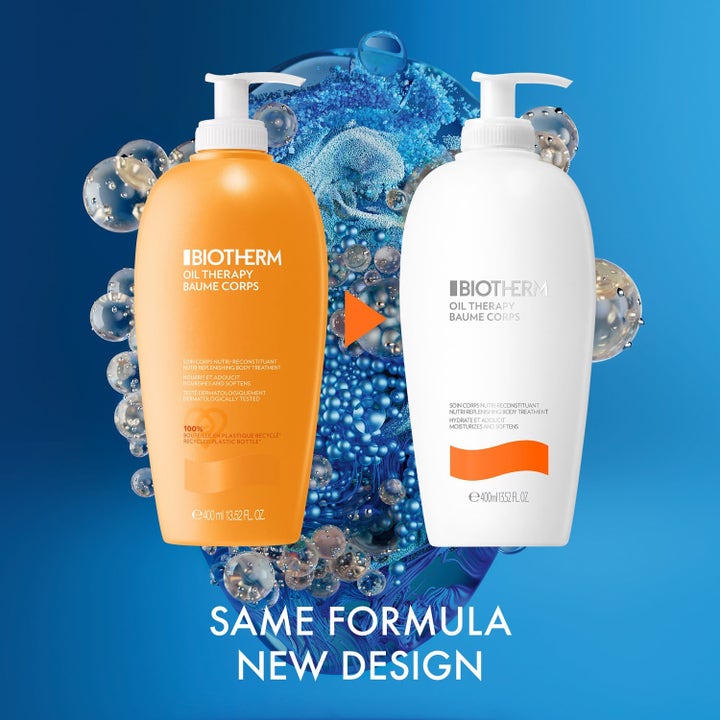 Biotherm Oil Therapy Baume Corps 2x400ml återfuktande kroppskräm i orange och vit pumpflaska med ny design.