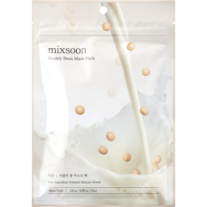 Mixsoon Weekly Bean Mask Pack 130 g 7 st koreansk återfuktande ansiktsmask bönor i vit påse med motiv av mjölkig våg