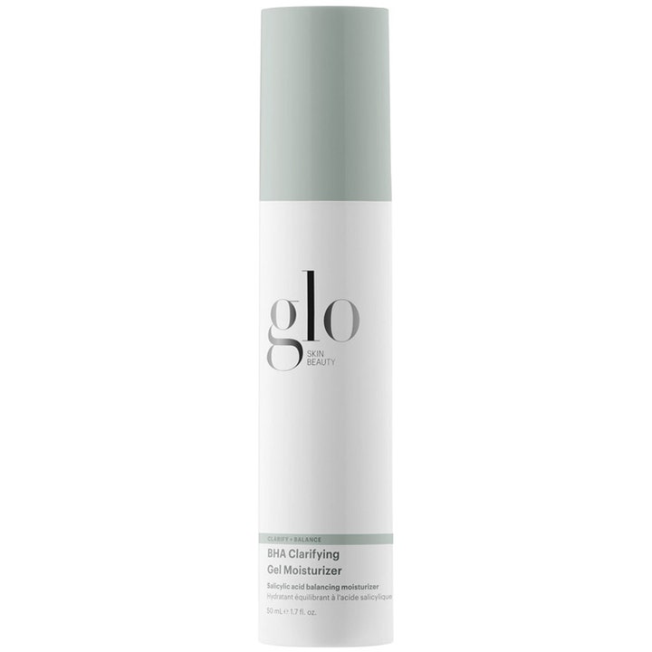 Glo Skin Beauty BHA Clarifying Gel Moisturizer 50 ml BHA ansiktskräm oljefri i vit cylinderflaska med grönt lock.