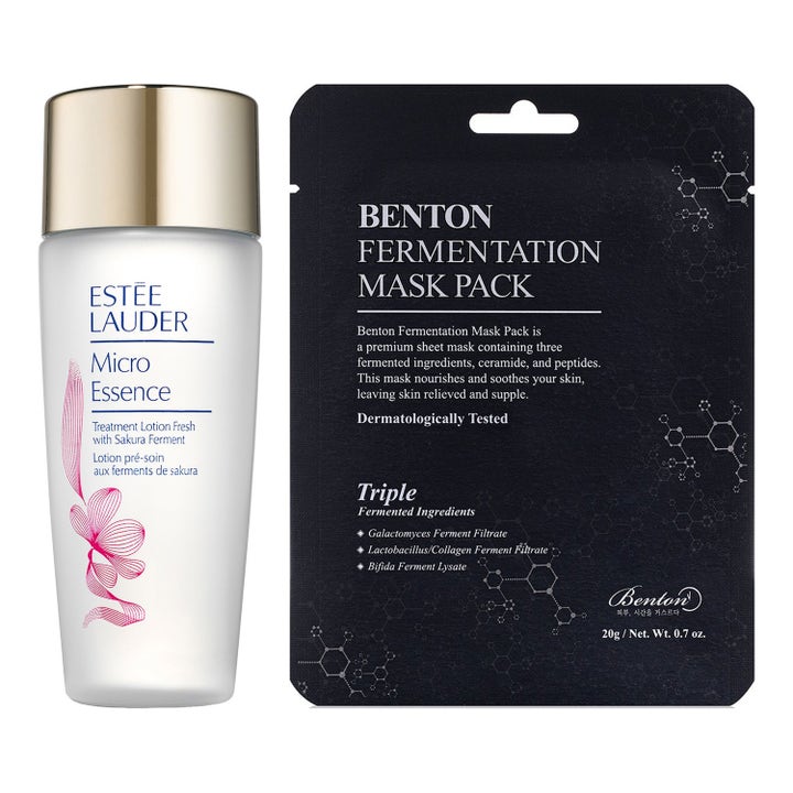 Estée Lauder Micro Essence och Benton Fermentation Mask Pack 20g ger lyster i vit frostad flaska och svart sachet