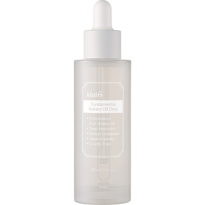 Klairs Fundamental Watery Oil Drop 50 ml antioxidantrikt återfuktande serum i frostad flaska med vit ansiktsolja dropper
