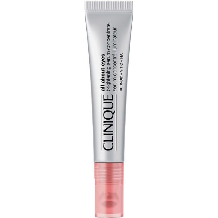 Clinique All About Eyes Brightening Serum Concentrate ger lyster i en silverfärgad tub med rosa genomskinlig kork.