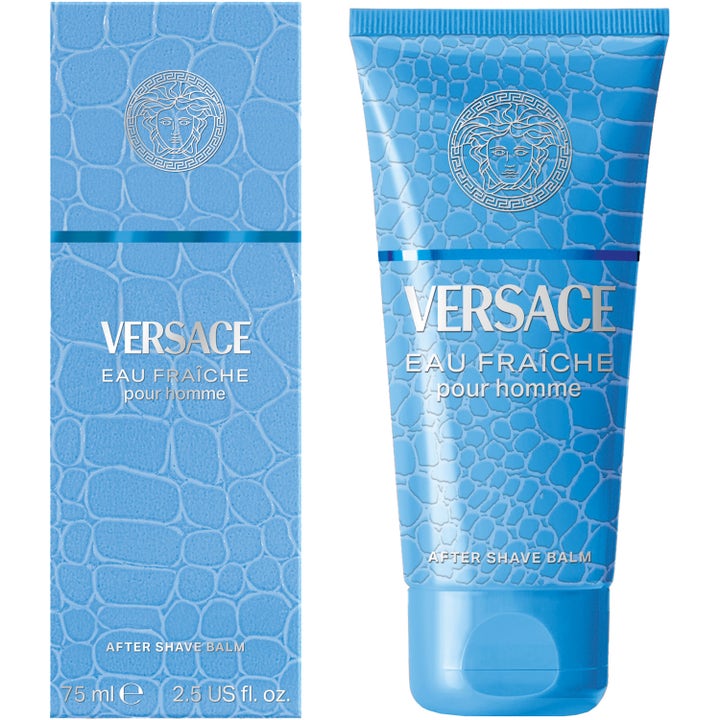 Versace Eau Fraiche After Shave Balm 75 ml fräsch rakbalsam i ljusblå tub och ask med krokodilmönster och silver