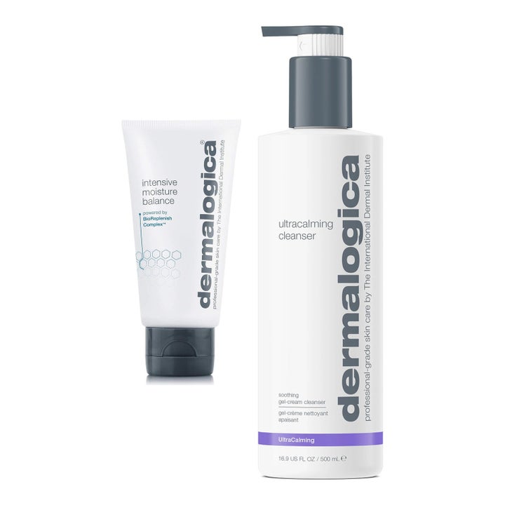 Dermalogica lugnande ansiktvård set med ansiktsrengöring pump 500 ml och återfuktande ansiktskräm för irriterad hud i tub.