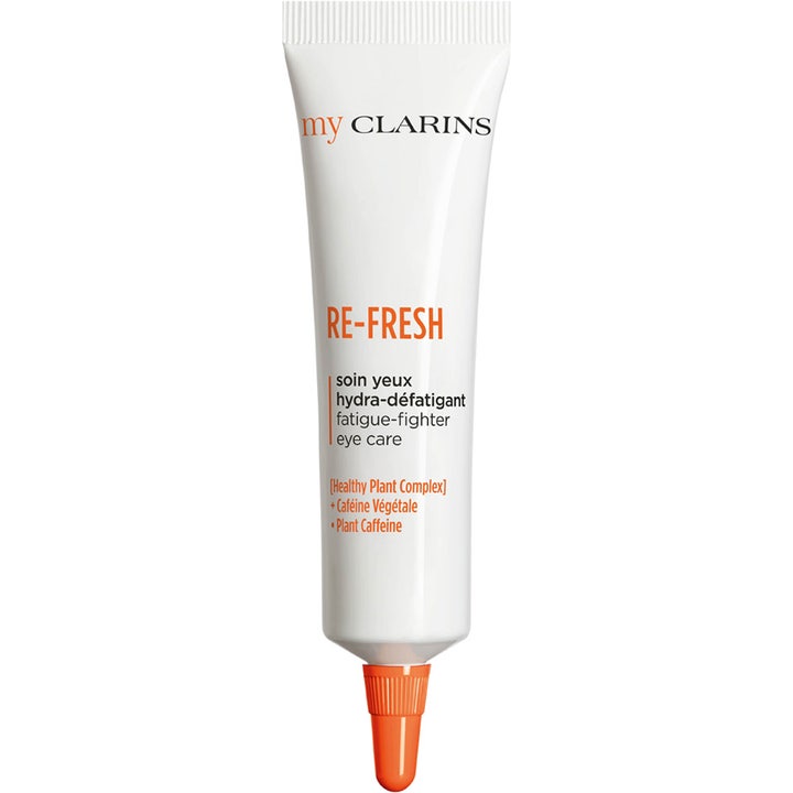 My Clarins RE-FRESH Fatigue-Fighter Eye Care 15ml återfuktande ögonvård med koffein i vit tub och orange lock