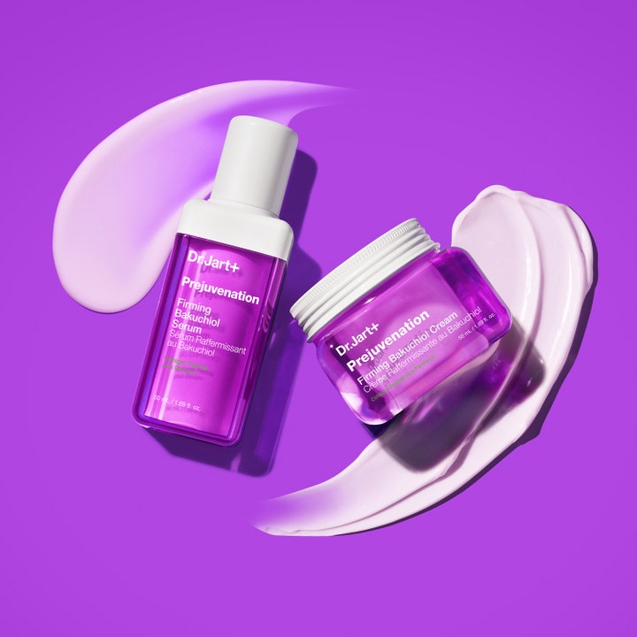 Dr.Jart+ Prejuvenation Firming Bakuchiol Cream 50 ml uppstramande bakuchiol kräm i lila burk med ljuslila textursvep.