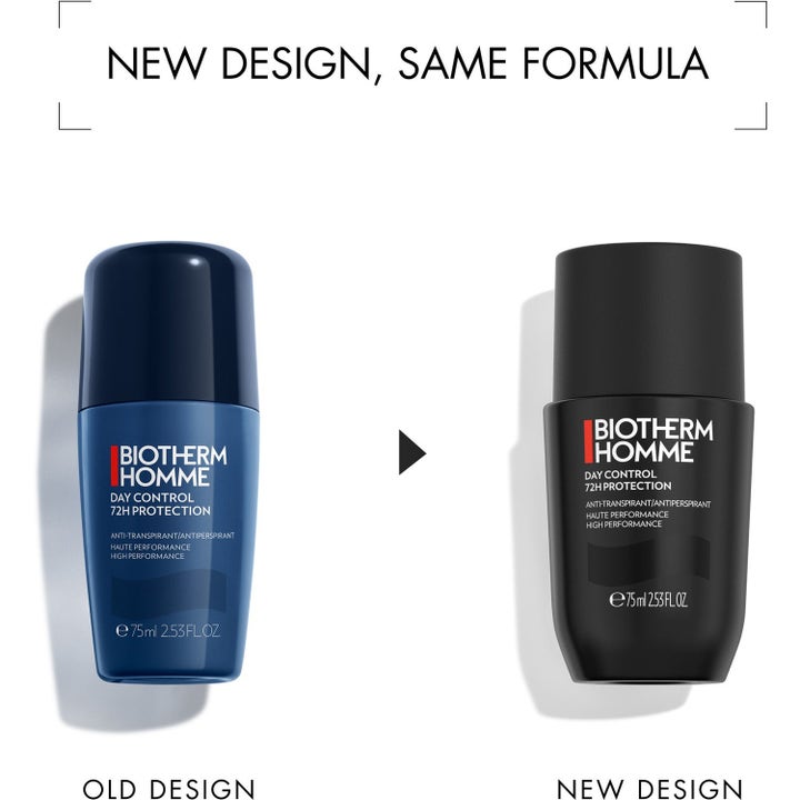 Biotherm Homme 72H Day Control 75ml roll-on ger skydd och visar designbyte från blå till ny svart flaska.