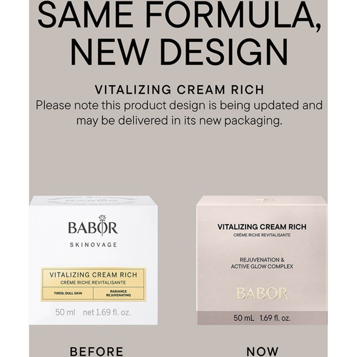 Babor Vitalizing Cream Rich 50 ml vitaliserande ansiktskräm i frostad glasburk bland hudvårdsprodukter och gula vaser