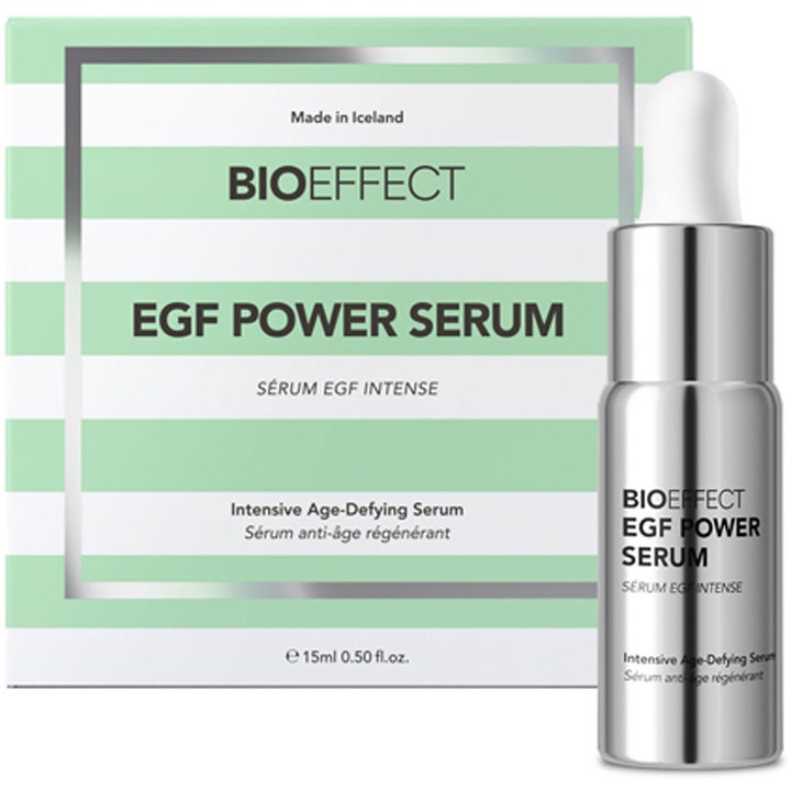 Bioeffect EGF Power Serum 15ml återfuktande anti-age serum i silvrig flaska och grönrandig ask