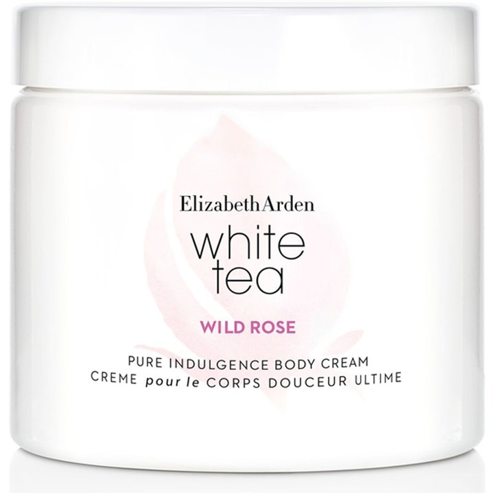 Elizabeth Arden White Tea Wild Rose djupverkande kroppskräm för torr hud med vitt te i en vit burk med rosa ros.
