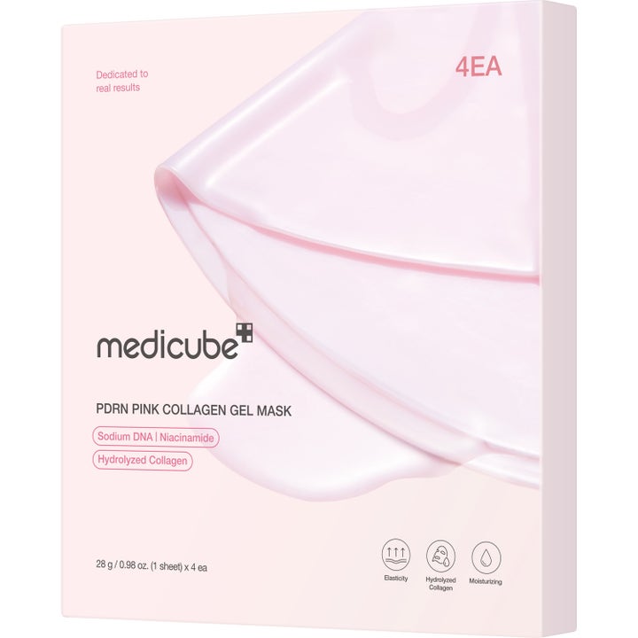 Medicube PDRN Pink Collagen Gel Mask 4-pack ger elasticitet och lyster i en ljusrosa förpackning med en vikt rosa gelmask.