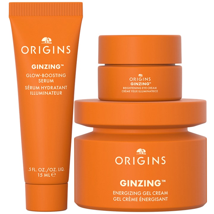 Origins The Glow-Boosting Collection 70 ml citrus hudvårds kit med orange ansiktsserum för glow och energigivande kräm.