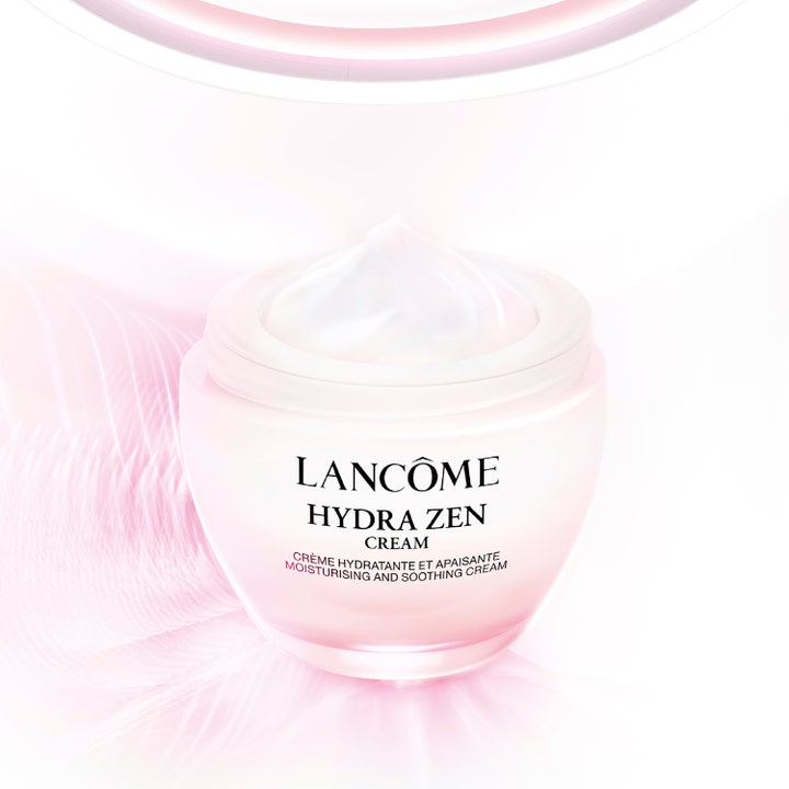 Lancôme Hydra Zen Anti-Stress 50 ml återfuktande ansiktskräm i rosa glasburk med en mjuk vit krämig textur.