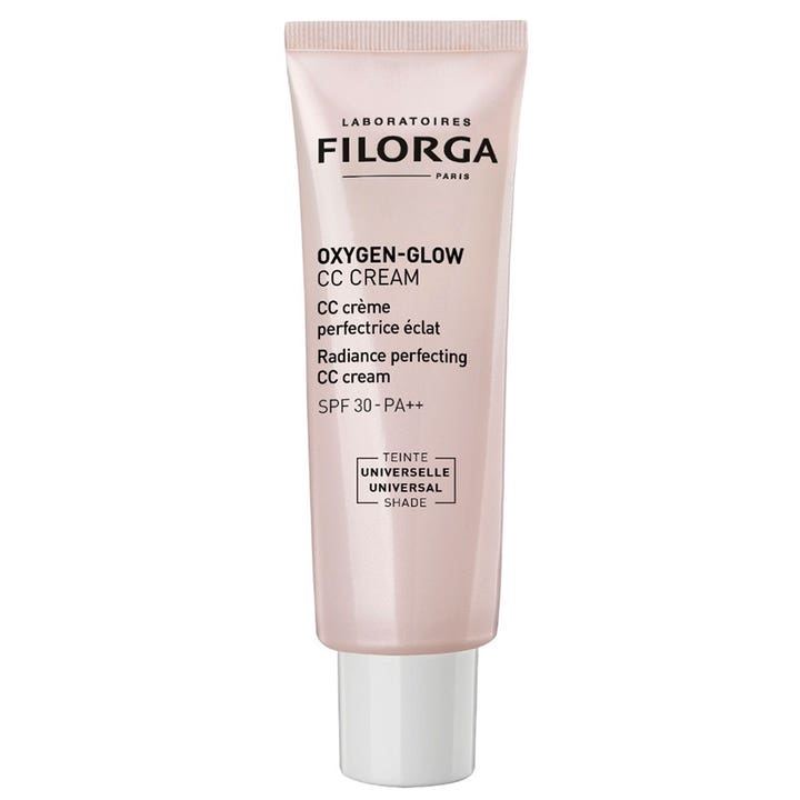 Filorga Oxygen-Glow CC Cream lystergivande cc kräm i en ljusrosa tub som ger glow och solskydd ansikte spf 30