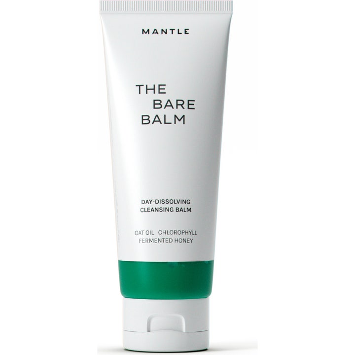 Mantle The Bare Balm daglig rengöringsbalsam för sminkborttagning i en vit tub med grön botten och vitt lock.