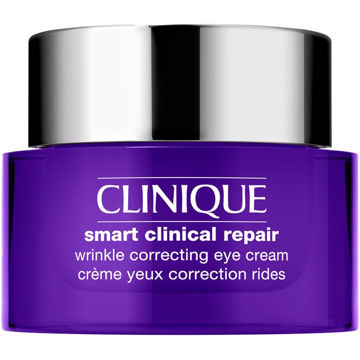Clinique Smart Clinical Repair kliniskt testad ögonkräm mot rynkor i lila glasburk med blankt silverlock.