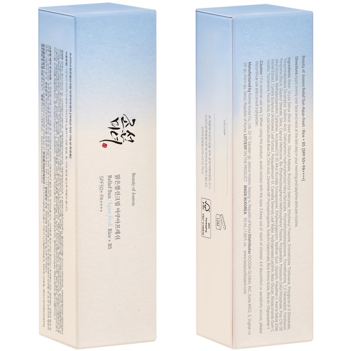 Beauty of Joseon Relief Sun Aqua Fresh 50 ml aqua fresh solkräm ansikte med risvatten och vitamin b5 i ljusblå kartong.