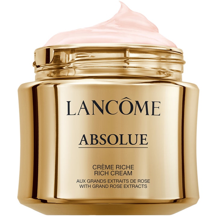 Lancôme Absolue Rich Cream 60 ml närande ansiktskräm i guldfärgad burk med synlig ljusrosa fyllig kräm