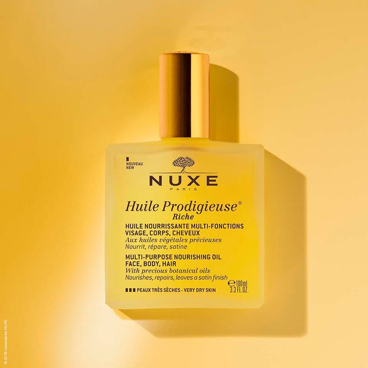 Nuxe Huile Prodigieuse Riche 100 ml fransk hudolja för mycket torr hud i frostad glasflaska med guldkork
