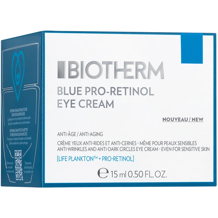 Biotherm Blue Pro-Retinol Eye Cream 15 ml anti age ögonkräm mot rynkor i vit och blå ytterförpackning av kartong.