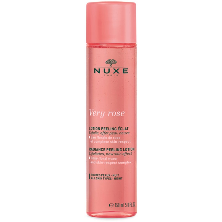 Nuxe Very Rose Radiance Peeling Lotion 150 ml kemisk peeling för strålande hy i en hög transparent rosa flaska
