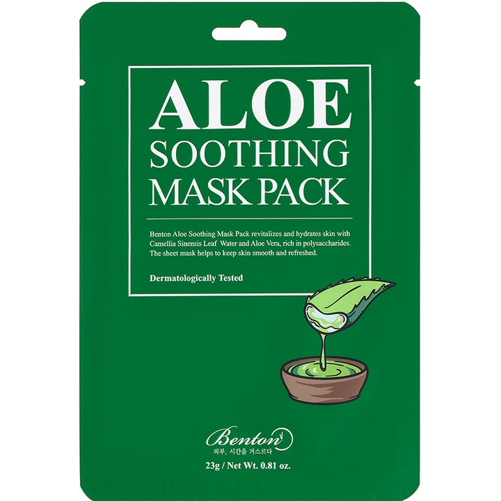 Benton Aloe Soothing Mask Pack 23g aloe vera ansiktsmask för torr hud som lugnar i grön förpackning med illustration